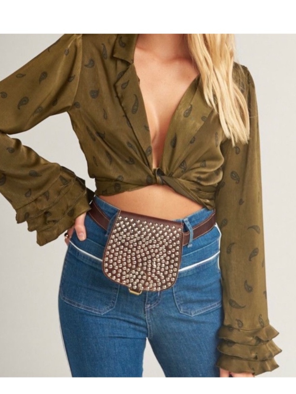 olive green paisley-print Show Me Your MuMu tied crop top